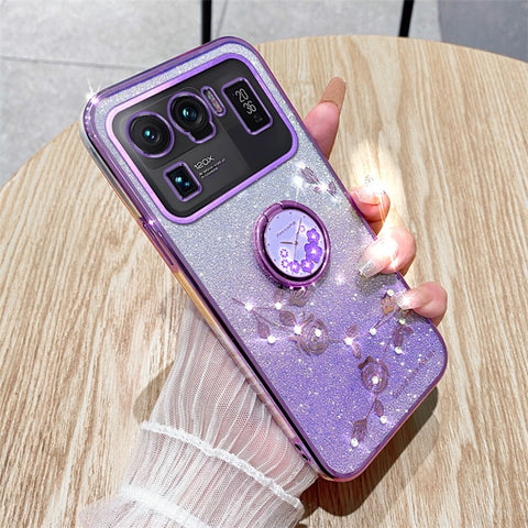 KADEM Ring Kickstand Phone Case for Xiaomi Mi 11 Ultra , Flower Pattern Glitter TPU Back Cover