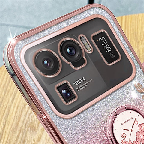 KADEM Ring Kickstand Phone Case for Xiaomi Mi 11 Ultra , Flower Pattern Glitter TPU Back Cover