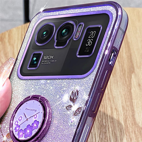 KADEM Ring Kickstand Phone Case for Xiaomi Mi 11 Ultra , Flower Pattern Glitter TPU Back Cover