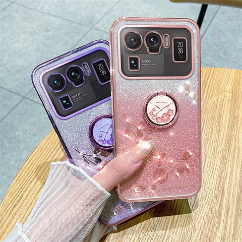 KADEM Ring Kickstand Phone Case for Xiaomi Mi 11 Ultra , Flower Pattern Glitter TPU Back Cover