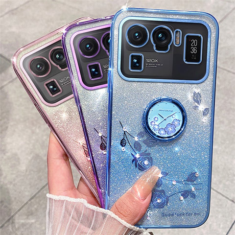 KADEM Ring Kickstand Phone Case for Xiaomi Mi 11 Ultra , Flower Pattern Glitter TPU Back Cover
