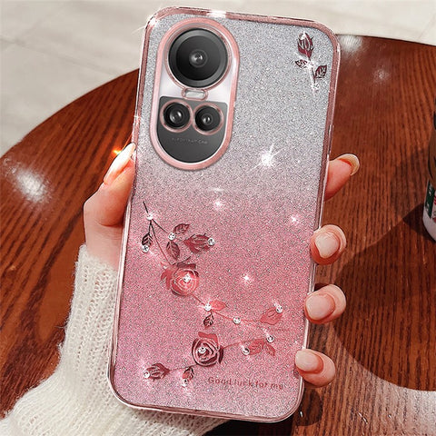 KADEM For Oppo Reno10 Pro 5G (Global) / Reno10 5G (Global) TPU Cover Gradient Glitter Rhinestone Flower Anti-scratch Phone Case