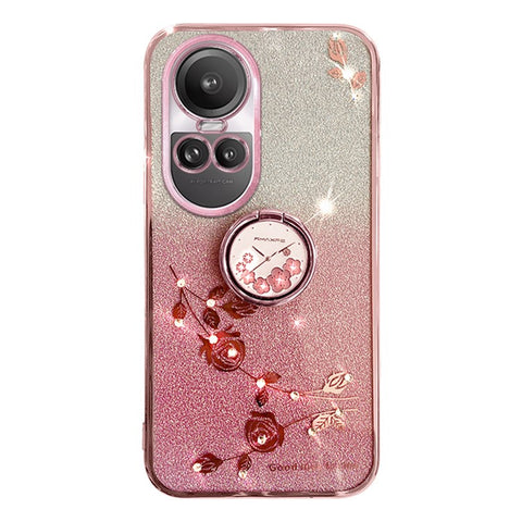 KADEM For Oppo Reno10 Pro 5G (Global) / Reno10 5G (Global) Ring Kickstand Glitter Anti-scratch Case Flower Pattern TPU Cover