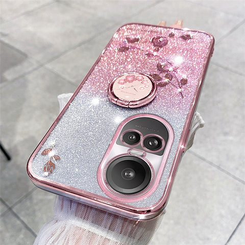 KADEM For Oppo Reno10 Pro 5G (Global) / Reno10 5G (Global) Ring Kickstand Glitter Anti-scratch Case Flower Pattern TPU Cover