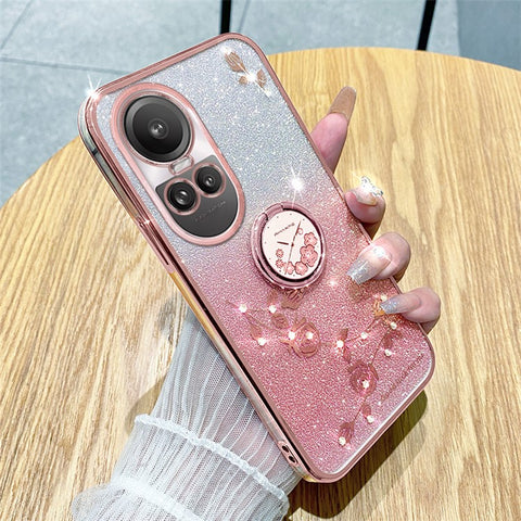 KADEM For Oppo Reno10 Pro 5G (Global) / Reno10 5G (Global) Ring Kickstand Glitter Anti-scratch Case Flower Pattern TPU Cover