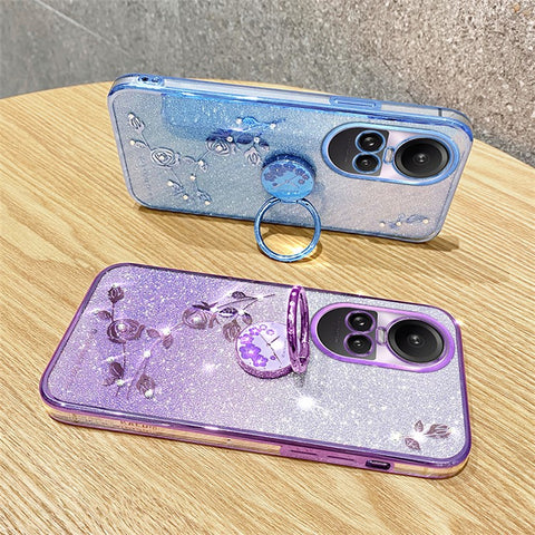 KADEM For Oppo Reno10 Pro 5G (Global) / Reno10 5G (Global) Ring Kickstand Glitter Anti-scratch Case Flower Pattern TPU Cover