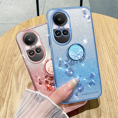 KADEM For Oppo Reno10 Pro 5G (Global) / Reno10 5G (Global) Ring Kickstand Glitter Anti-scratch Case Flower Pattern TPU Cover