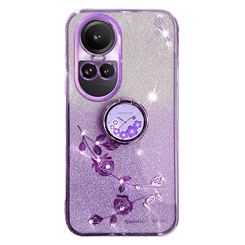 KADEM For Oppo Reno10 Pro 5G (Global) / Reno10 5G (Global) Ring Kickstand Glitter Anti-scratch Case Flower Pattern TPU Cover