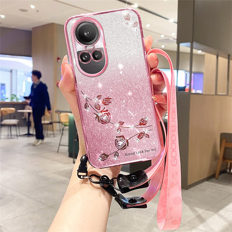 KADEM For Oppo Reno10 Pro 5G (Global) / Reno10 5G (Global) Glitter Rhinestone Decor TPU Case Flower Pattern Phone Cover with Strap