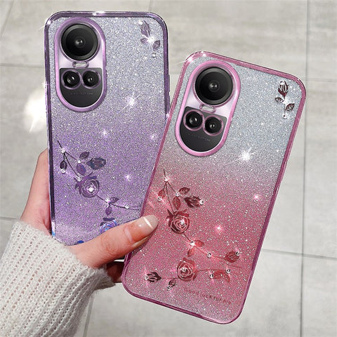 KADEM For Oppo Reno10 Pro 5G (Global) / Reno10 5G (Global) Glitter Rhinestone Decor TPU Case Flower Pattern Phone Cover with Strap