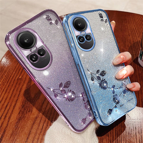 KADEM For Oppo Reno10 Pro 5G (Global) / Reno10 5G (Global) Glitter Rhinestone Decor TPU Case Flower Pattern Phone Cover with Strap