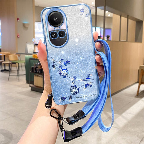 KADEM For Oppo Reno10 Pro 5G (Global) / Reno10 5G (Global) Glitter Rhinestone Decor TPU Case Flower Pattern Phone Cover with Strap