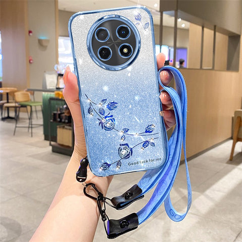 KADEM For Huawei nova Y91 4G / Enjoy 60X Anti-fall Case Glitter Rhinestone Decor Flower Pattern TPU Phone Cover with Strap