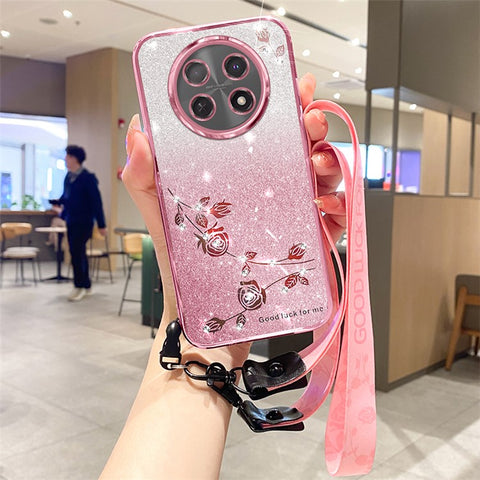 KADEM For Huawei nova Y91 4G / Enjoy 60X Anti-fall Case Glitter Rhinestone Decor Flower Pattern TPU Phone Cover with Strap