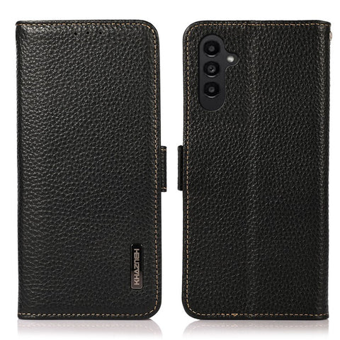 KHAZNEH For Samsung Galaxy F34 5G / M34 5G RFID Blocking Phone Case Stand Wallet Litchi Texture Genuine Cow Leather Cover