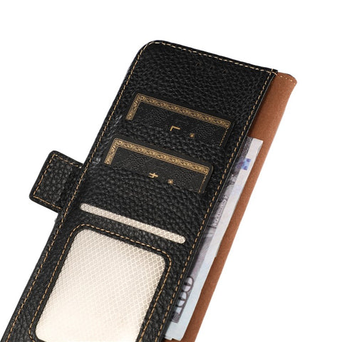 KHAZNEH For Samsung Galaxy F34 5G / M34 5G RFID Blocking Phone Case Stand Wallet Litchi Texture Genuine Cow Leather Cover