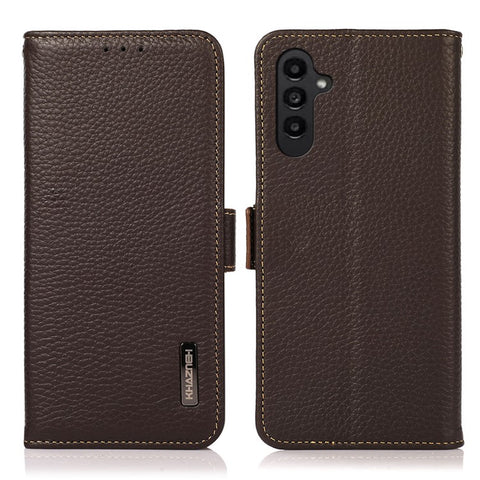 KHAZNEH For Samsung Galaxy F34 5G / M34 5G RFID Blocking Phone Case Stand Wallet Litchi Texture Genuine Cow Leather Cover