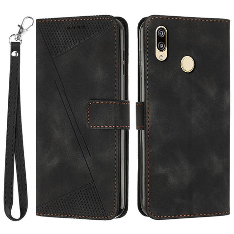 For Honor 8X / 9X Lite Triangle Imprinted Anti-fall Cover Leather Wallet Stand Cell Phone Case with Strap