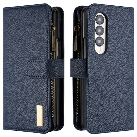 BINFEN COLOR Zipper Wallet Phone Case for Samsung Galaxy Z Fold3 5G Litchi Texture PU Leather Flip Cover