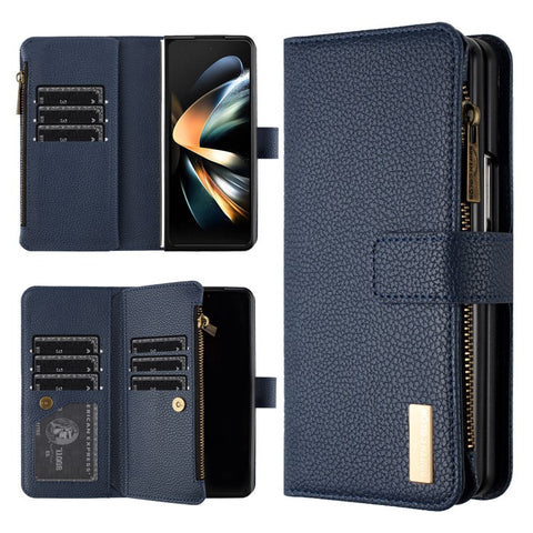 BINFEN COLOR Zipper Wallet Phone Case for Samsung Galaxy Z Fold3 5G Litchi Texture PU Leather Flip Cover