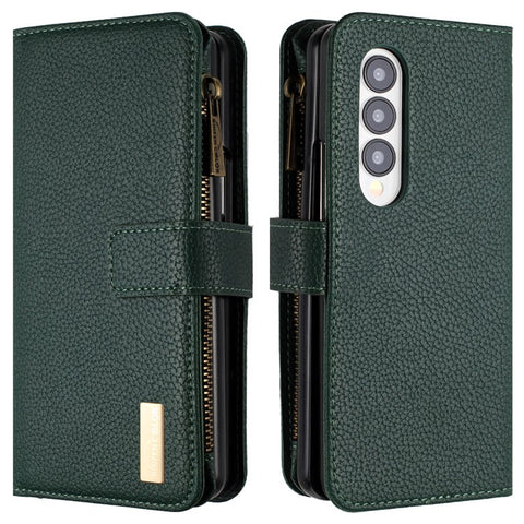 BINFEN COLOR Zipper Wallet Phone Case for Samsung Galaxy Z Fold3 5G Litchi Texture PU Leather Flip Cover