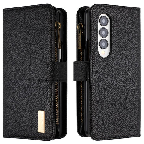 BINFEN COLOR Zipper Wallet Phone Case for Samsung Galaxy Z Fold3 5G Litchi Texture PU Leather Flip Cover