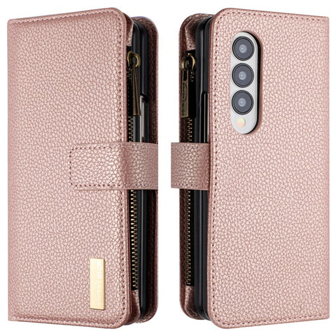 BINFEN COLOR Zipper Wallet Phone Case for Samsung Galaxy Z Fold3 5G Litchi Texture PU Leather Flip Cover
