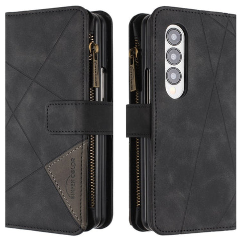 BINFEN COLOR For Samsung Galaxy Z Fold3 5G PU Leather Line Imprinted Phone Case Stand Zipper Pocket Wallet Cover