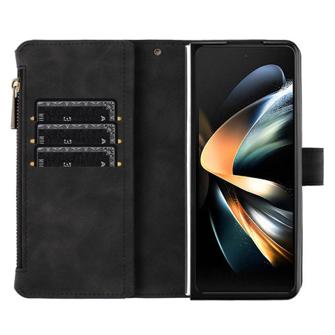 BINFEN COLOR For Samsung Galaxy Z Fold3 5G PU Leather Line Imprinted Phone Case Stand Zipper Pocket Wallet Cover