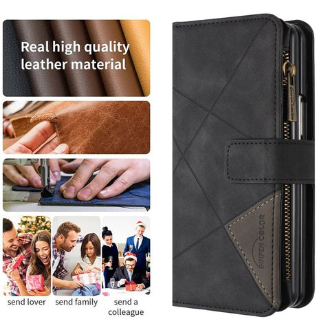 BINFEN COLOR For Samsung Galaxy Z Fold3 5G PU Leather Line Imprinted Phone Case Stand Zipper Pocket Wallet Cover