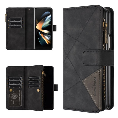 BINFEN COLOR For Samsung Galaxy Z Fold3 5G PU Leather Line Imprinted Phone Case Stand Zipper Pocket Wallet Cover