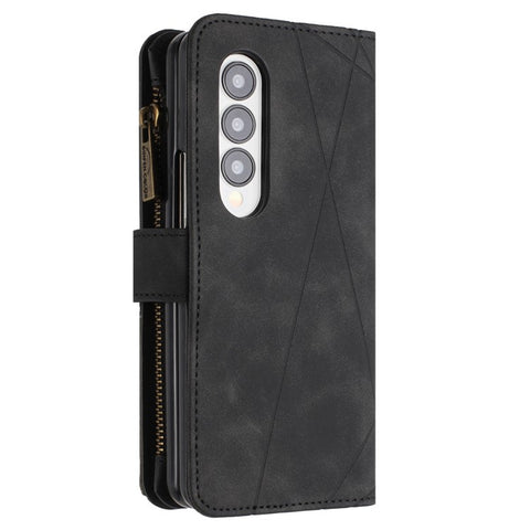 BINFEN COLOR For Samsung Galaxy Z Fold3 5G PU Leather Line Imprinted Phone Case Stand Zipper Pocket Wallet Cover