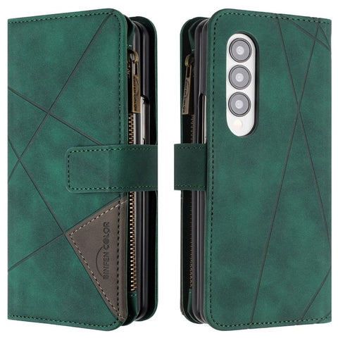 BINFEN COLOR For Samsung Galaxy Z Fold3 5G PU Leather Line Imprinted Phone Case Stand Zipper Pocket Wallet Cover