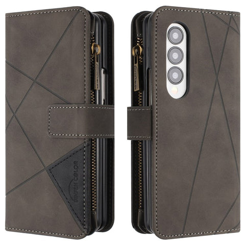 BINFEN COLOR For Samsung Galaxy Z Fold3 5G PU Leather Line Imprinted Phone Case Stand Zipper Pocket Wallet Cover