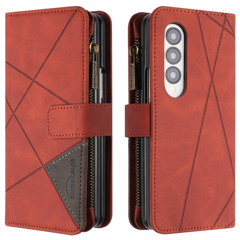 BINFEN COLOR For Samsung Galaxy Z Fold3 5G PU Leather Line Imprinted Phone Case Stand Zipper Pocket Wallet Cover