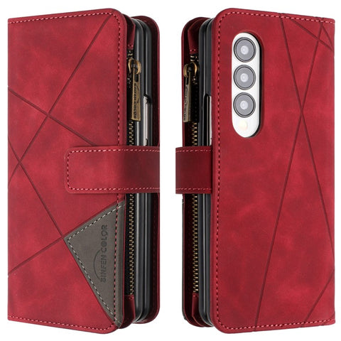 BINFEN COLOR For Samsung Galaxy Z Fold3 5G PU Leather Line Imprinted Phone Case Stand Zipper Pocket Wallet Cover