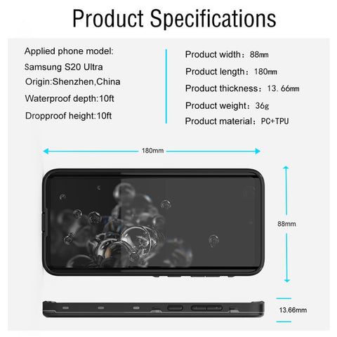 REDPEPPER For Samsung Galaxy S20 Ultra IP68 Waterproof Case Swimming Diving Clear Back Phone Shell [Support Fingerprint Unlock]