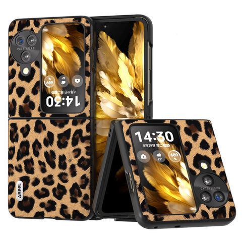 ABEEL For Oppo Find N3 Flip 5G Leopard Pattern Phone Case PU Leather+PC Shockproof Cover
