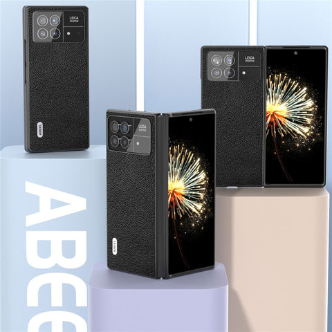 ABEEL For Xiaomi Mix Fold 3 5G Litchi Texture Protective Cover Genuine Cow Leather+PC Phone Case