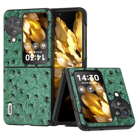 ABEEL For Oppo Find N3 Flip 5G Anti-Scratch Protective Cover Genuine Cow Leather+PC Ostrich Texture Phone Case