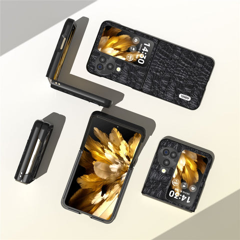 ABEEL For Oppo Find N3 Flip 5G Canopy Texture Folding Phone Case Genuine Cow Leather Coated PC Back Cover