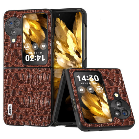 ABEEL For Oppo Find N3 Flip 5G Canopy Texture Folding Phone Case Genuine Cow Leather Coated PC Back Cover