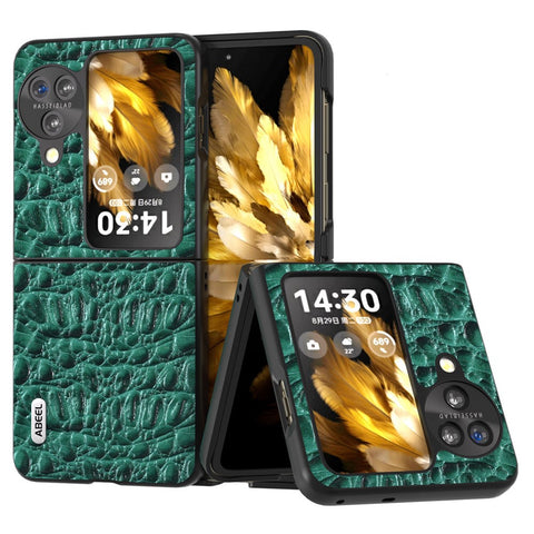 ABEEL For Oppo Find N3 Flip 5G Canopy Texture Folding Phone Case Genuine Cow Leather Coated PC Back Cover