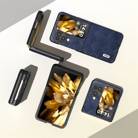 ABEEL For Oppo Find N3 Flip 5G Folding Phone Case PU Leather Coated PC+TPU Grid Texture Phone Cover