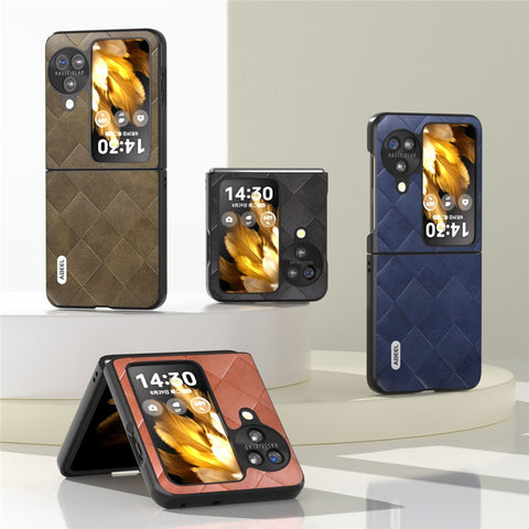 ABEEL For Oppo Find N3 Flip 5G Folding Phone Case PU Leather Coated PC+TPU Grid Texture Phone Cover