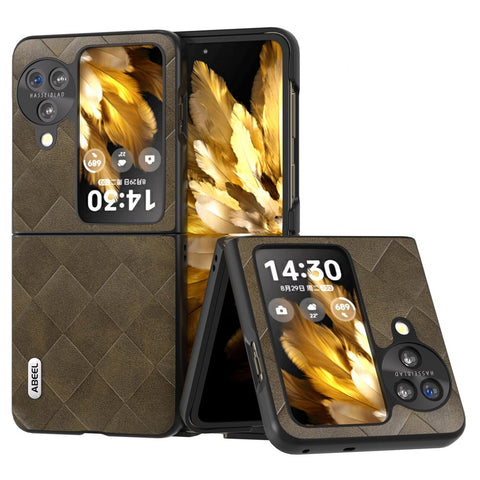 ABEEL For Oppo Find N3 Flip 5G Folding Phone Case PU Leather Coated PC+TPU Grid Texture Phone Cover
