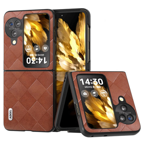 ABEEL For Oppo Find N3 Flip 5G Folding Phone Case PU Leather Coated PC+TPU Grid Texture Phone Cover