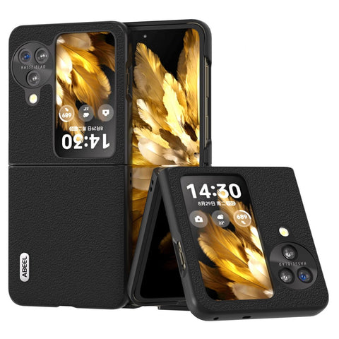 ABEEL For Oppo Find N3 Flip 5G Phone Case Textured Genuine Cow Leather Coated PC Folding Phone Cover
