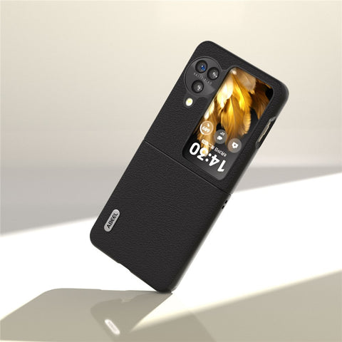 ABEEL For Oppo Find N3 Flip 5G Phone Case Textured Genuine Cow Leather Coated PC Folding Phone Cover
