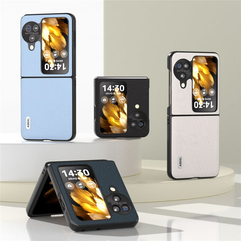 ABEEL For Oppo Find N3 Flip 5G Phone Case Textured Genuine Cow Leather Coated PC Folding Phone Cover